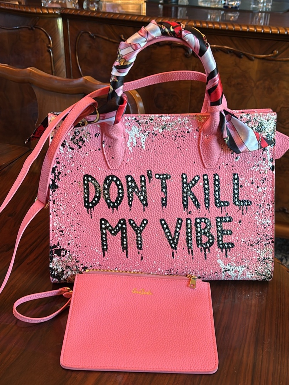 Anca Barbu Hand-painted Leather Kill My Vibe Pink Statement Bag with Wristlet